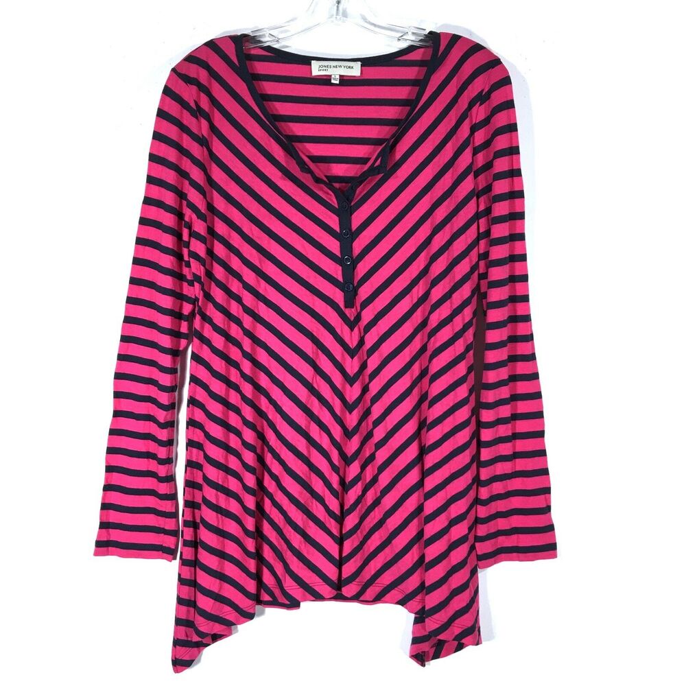 Jones New York Sport Button Pink Striped Henley Shirt Womens L Flowy Nautical